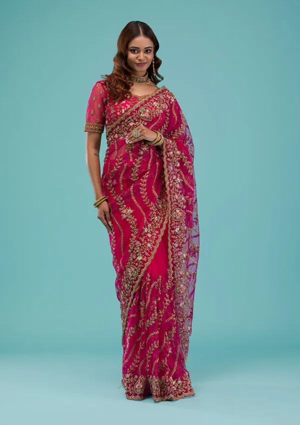 Rani_Pink_Net_Gold_Zariwork_Saree_With_Matching_Blouse_Piece