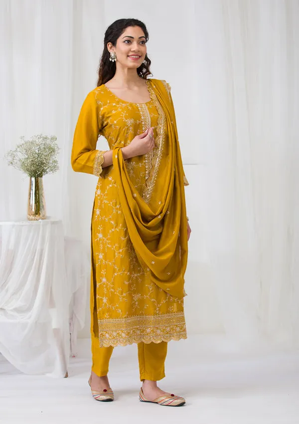 Mustard_Soft_Raw_Silk_Threadwork_Straight_Kurta_With_Pant_Regular_And_Dupatta