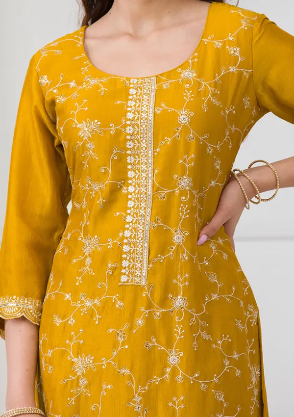 Mustard_Soft_Raw_Silk_Threadwork_Straight_Kurta_With_Pant_Regular_And_Dupatta