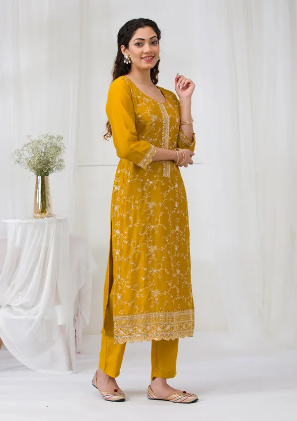 Mustard_Soft_Raw_Silk_Threadwork_Straight_Kurta_With_Pant_Regular_And_Dupatta