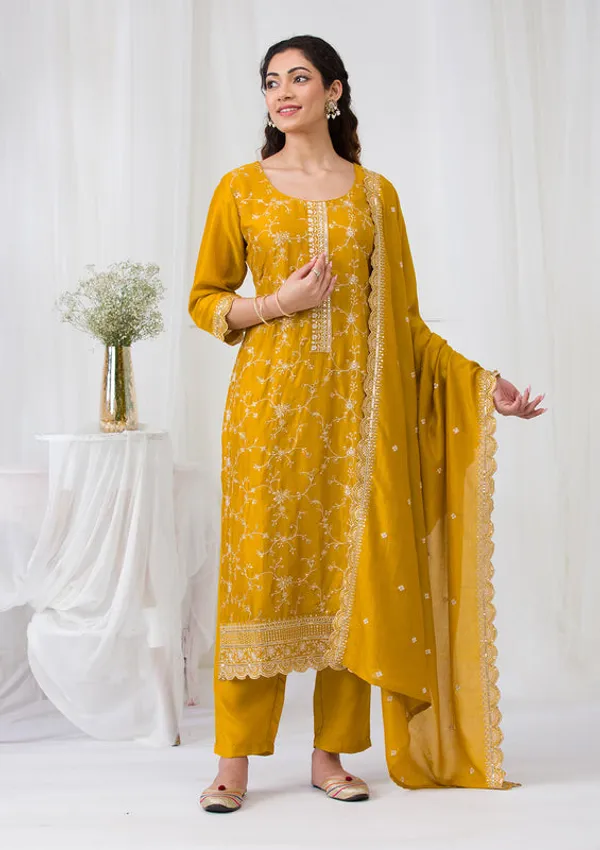 Mustard_Soft_Raw_Silk_Threadwork_Straight_Kurta_With_Pant_Regular_And_Dupatta