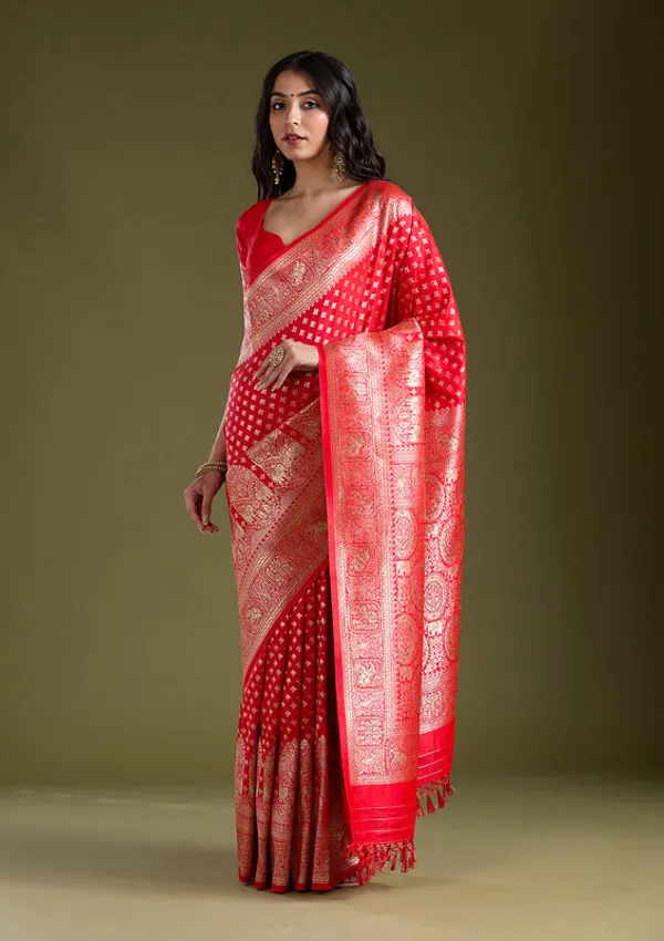 Red_Silk_Buti_Stonework_Saree_With_Matching_Blouse_Piece
