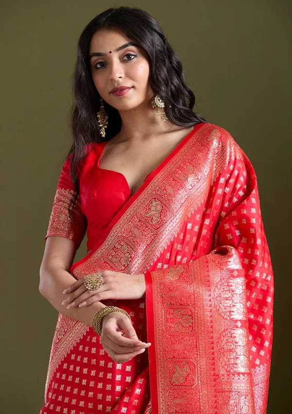 Red_Silk_Buti_Stonework_Saree_With_Matching_Blouse_Piece