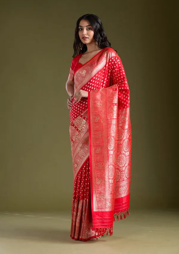 Red_Silk_Buti_Stonework_Saree_With_Matching_Blouse_Piece