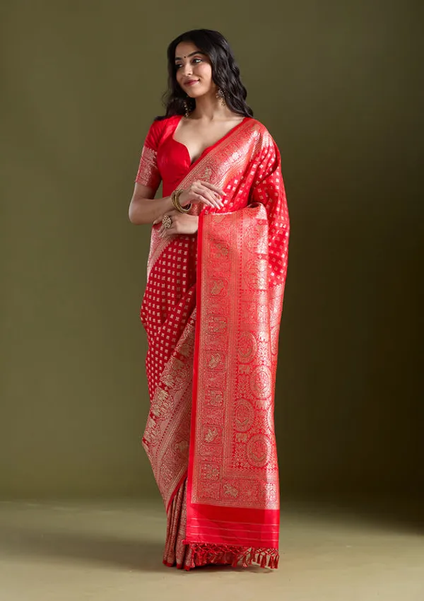 Red_Silk_Buti_Stonework_Saree_With_Matching_Blouse_Piece