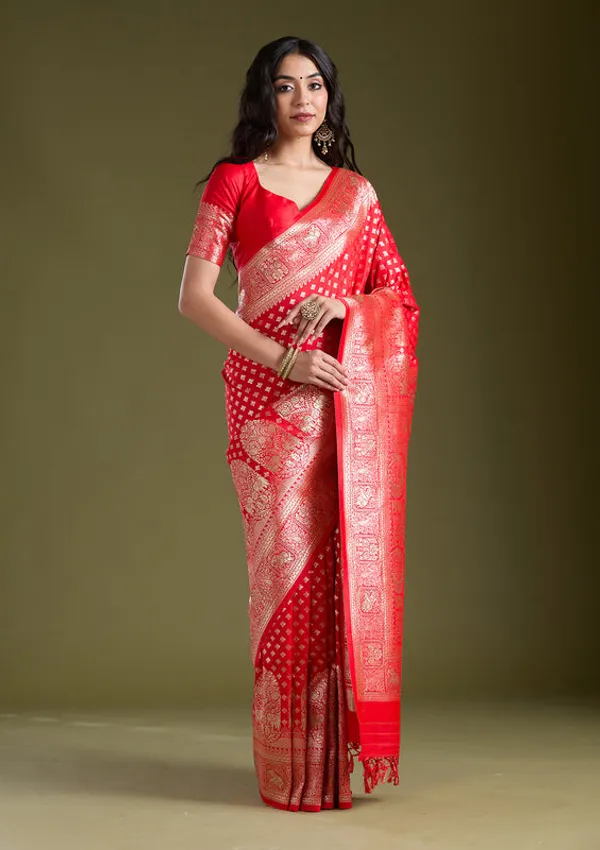 Red_Silk_Buti_Stonework_Saree_With_Matching_Blouse_Piece