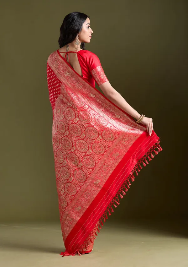 Red_Silk_Buti_Stonework_Saree_With_Matching_Blouse_Piece