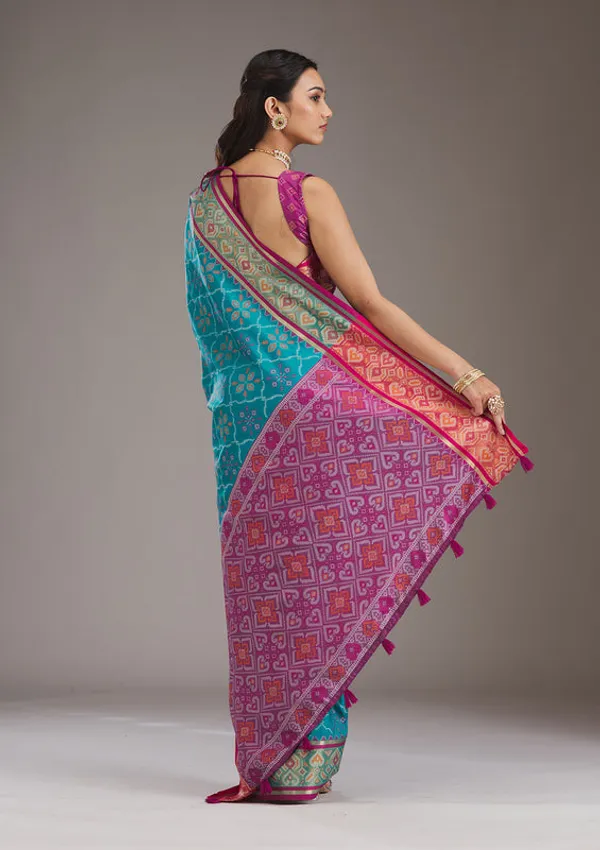 Turquoise_Blue_Silk_Jaal_Saree_With_Matching_Blouse_Piece