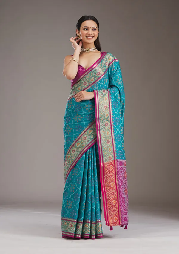 Turquoise_Blue_Silk_Jaal_Saree_With_Matching_Blouse_Piece