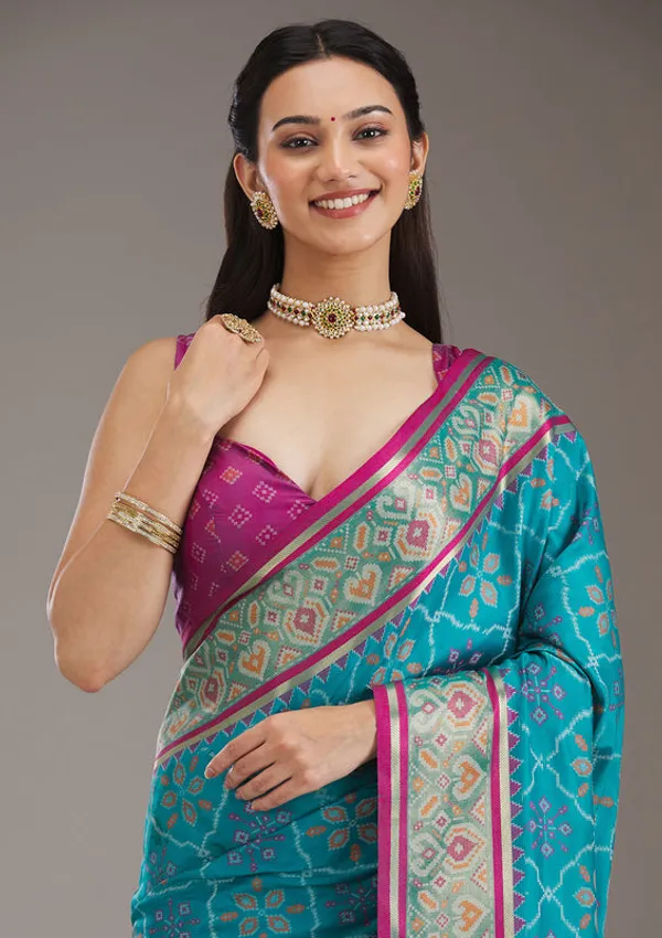 Turquoise_Blue_Silk_Jaal_Saree_With_Matching_Blouse_Piece