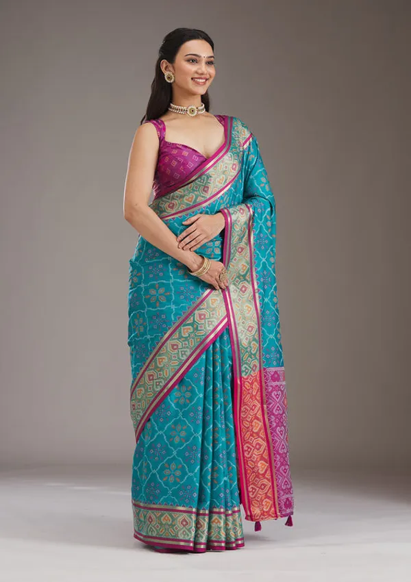 Turquoise_Blue_Silk_Jaal_Saree_With_Matching_Blouse_Piece