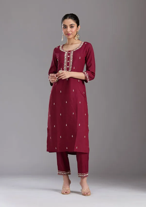 Maroon_Chanderi_Cutdana_Straight_Kurta_With_Regular_Pant_And_Dupatta