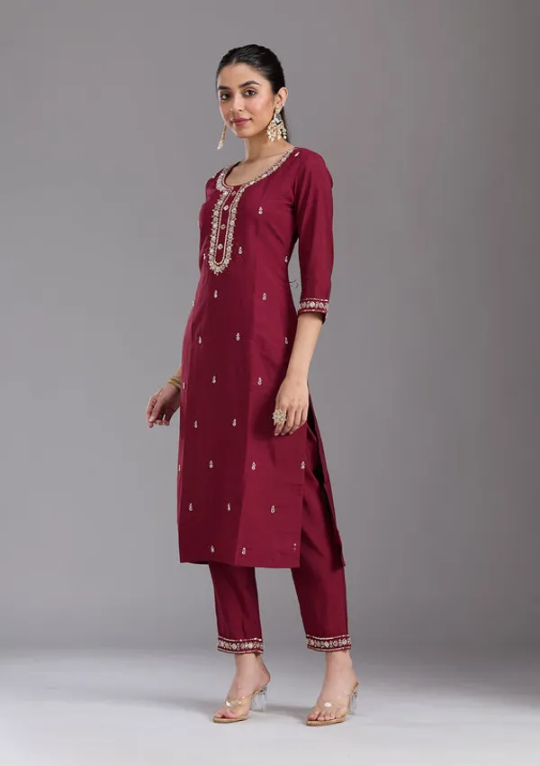 Maroon_Chanderi_Cutdana_Straight_Kurta_With_Regular_Pant_And_Dupatta