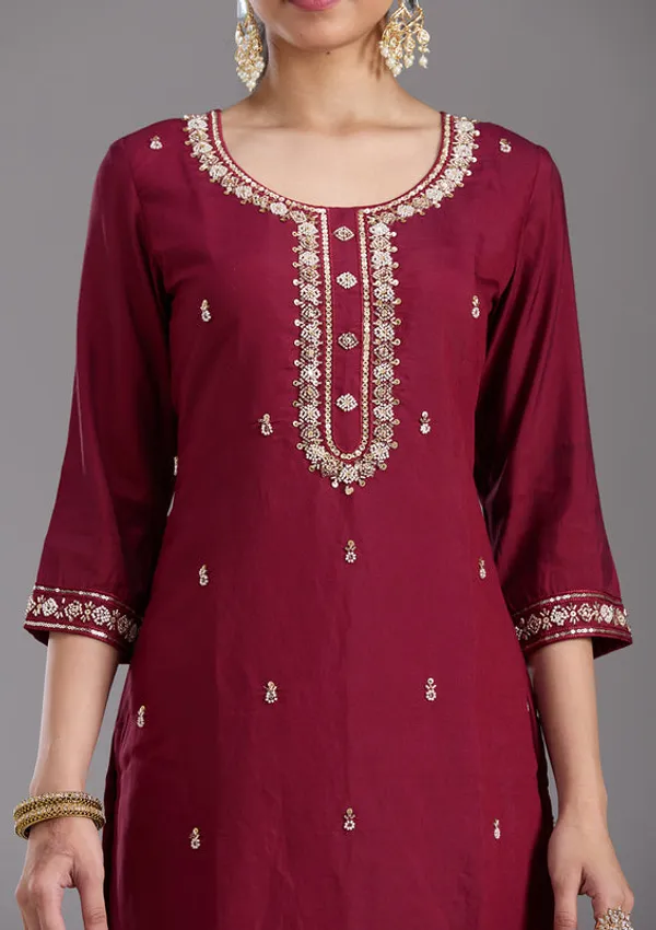 Maroon_Chanderi_Cutdana_Straight_Kurta_With_Regular_Pant_And_Dupatta