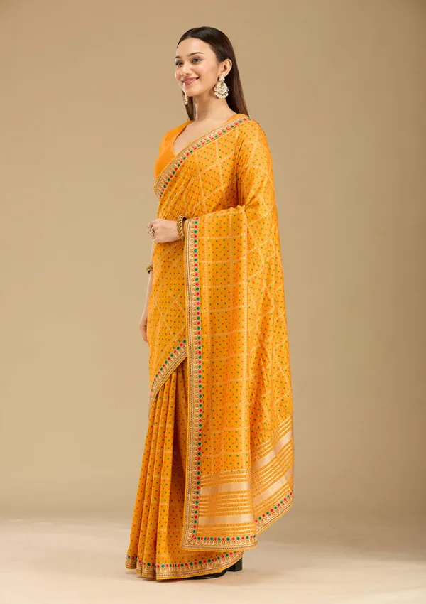 Mustard_Soft_Raw_Silk_Bandhej_Gold_Zariwork_Saree_With_Matching_Blouse_Piece