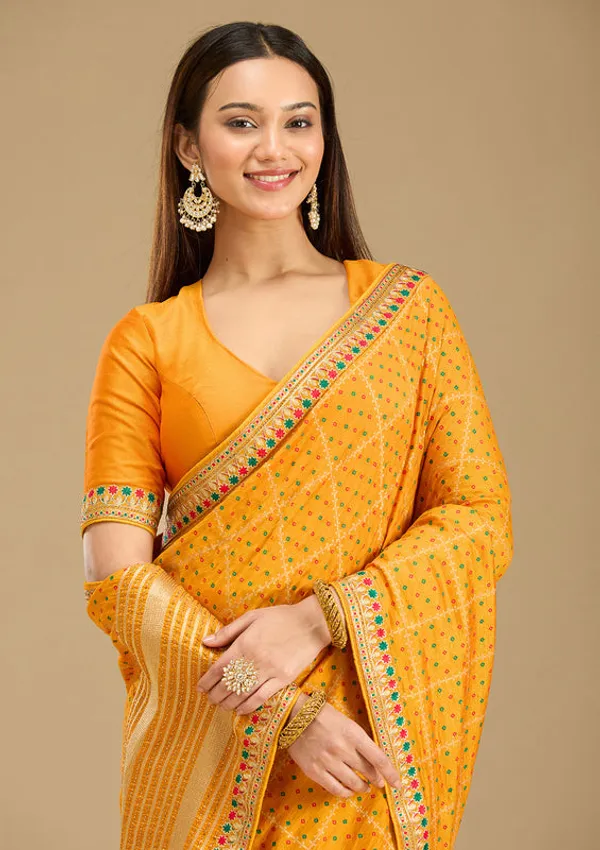 Mustard_Soft_Raw_Silk_Bandhej_Gold_Zariwork_Saree_With_Matching_Blouse_Piece
