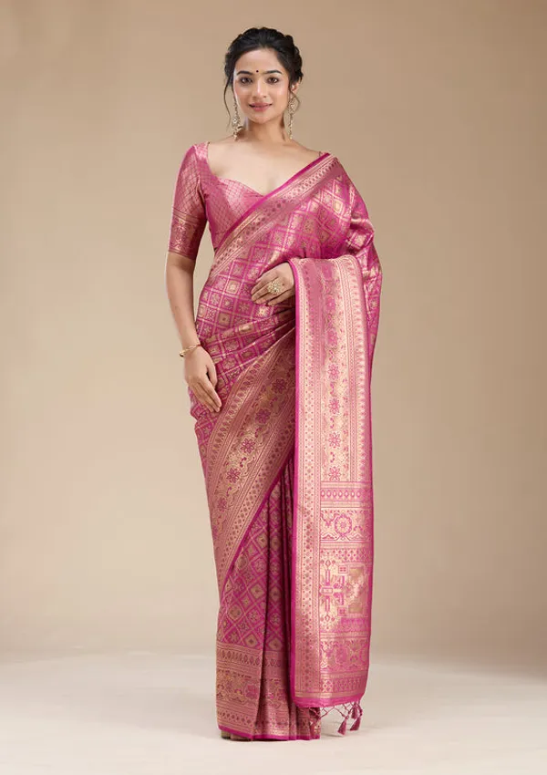 Rani_Pink_Silk_Jaal_Zariwork_Saree_With_Matching_Blouse_Piece