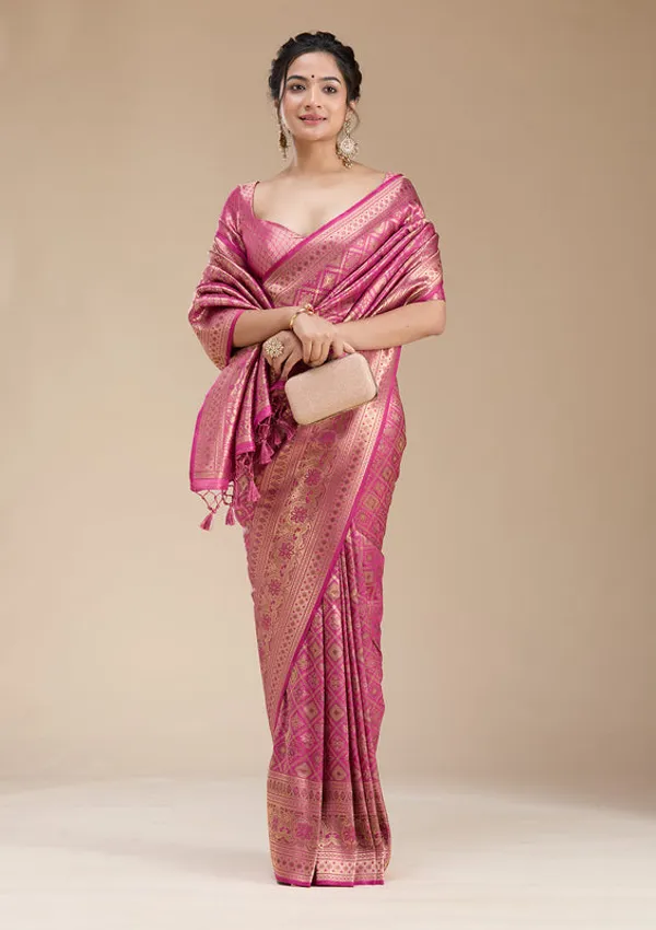 Rani_Pink_Silk_Jaal_Zariwork_Saree_With_Matching_Blouse_Piece