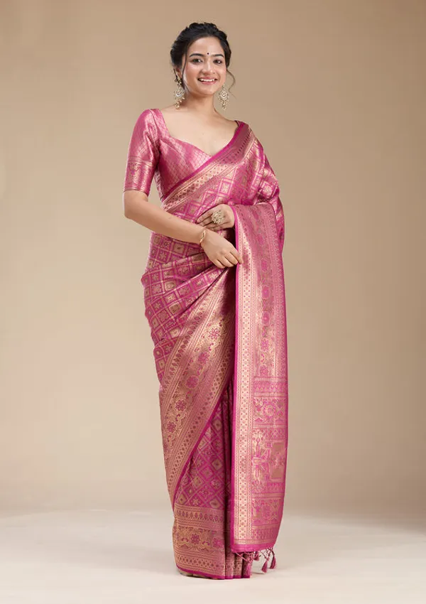 Rani_Pink_Silk_Jaal_Zariwork_Saree_With_Matching_Blouse_Piece