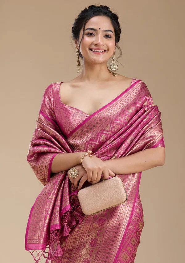 Rani_Pink_Silk_Jaal_Zariwork_Saree_With_Matching_Blouse_Piece