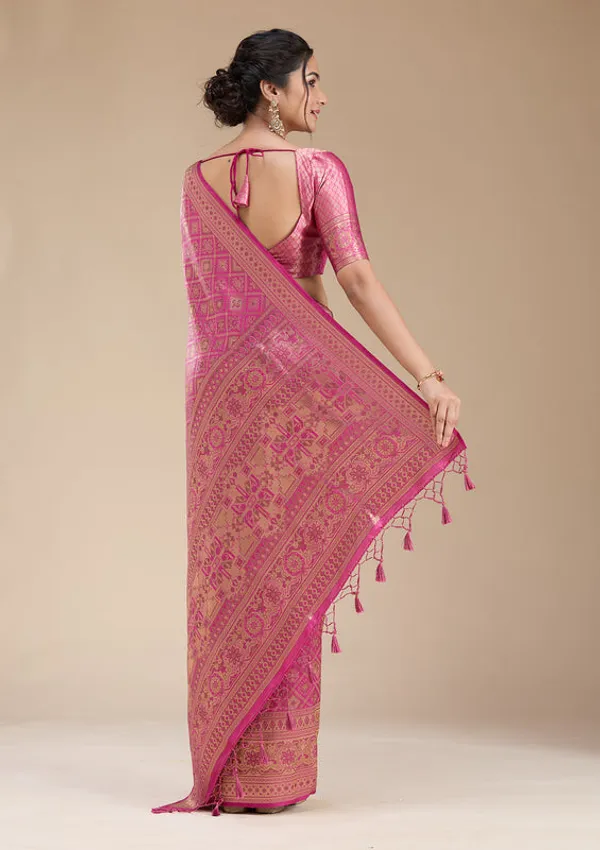 Rani_Pink_Silk_Jaal_Zariwork_Saree_With_Matching_Blouse_Piece