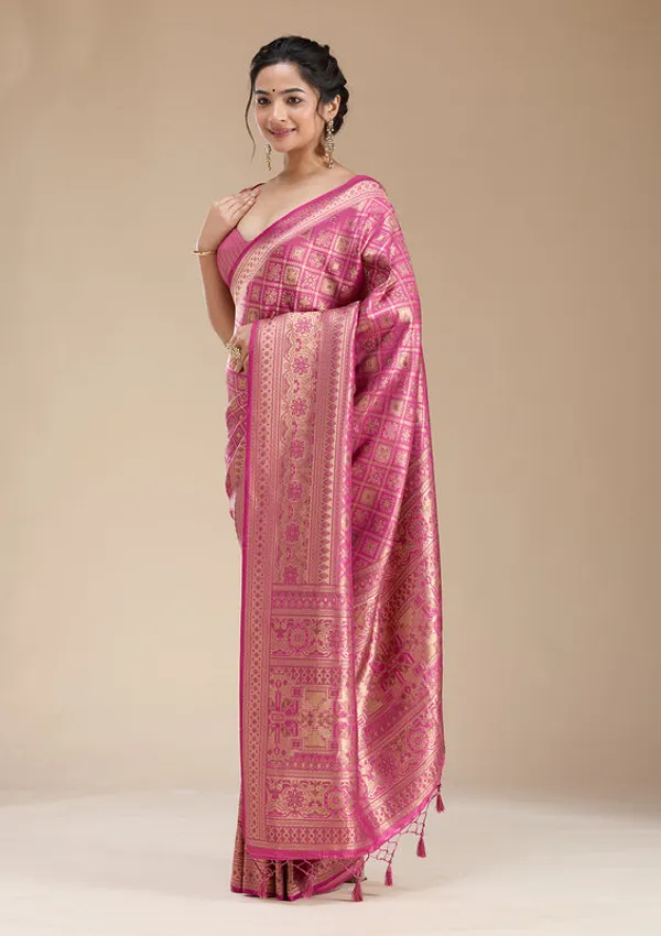 Rani_Pink_Silk_Jaal_Zariwork_Saree_With_Matching_Blouse_Piece