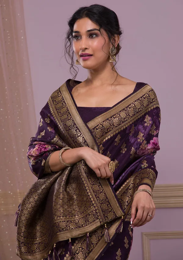 Wine_Silk_Jaal_Printed_Saree_With_Matching_Blouse_Piece