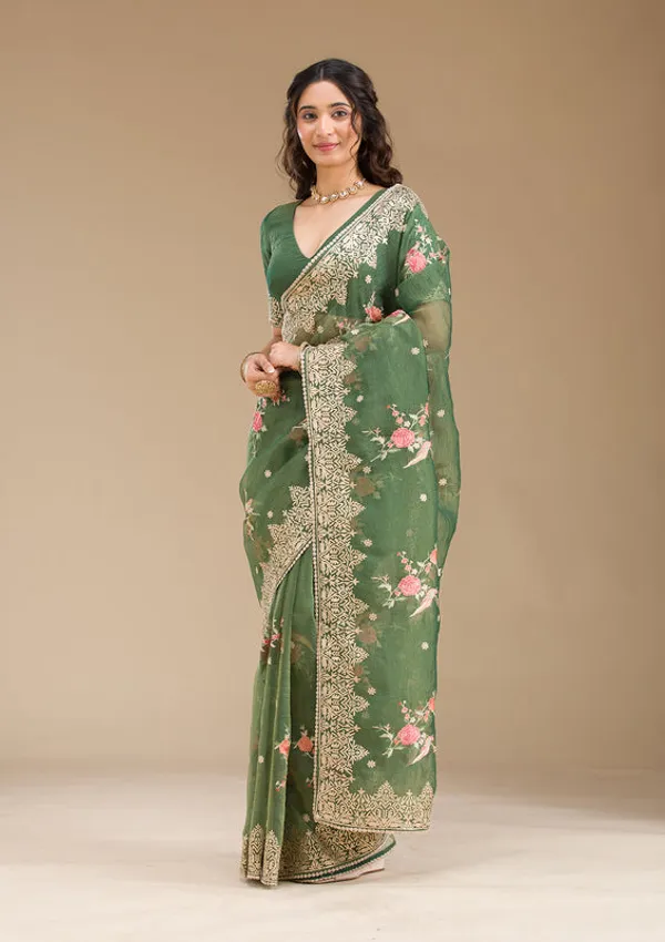 Bottle_Green_Tissue_Threadwork_Saree_With_Matching_Blouse_Piece