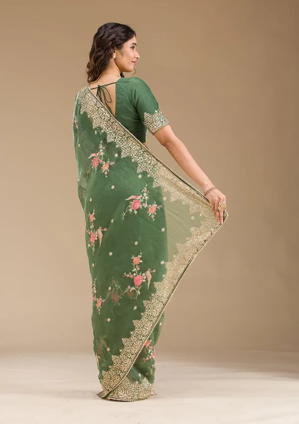 Bottle_Green_Tissue_Threadwork_Saree_With_Matching_Blouse_Piece