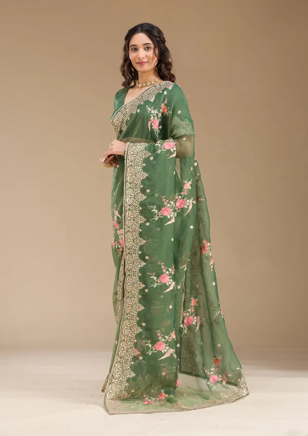 Bottle_Green_Tissue_Threadwork_Saree_With_Matching_Blouse_Piece
