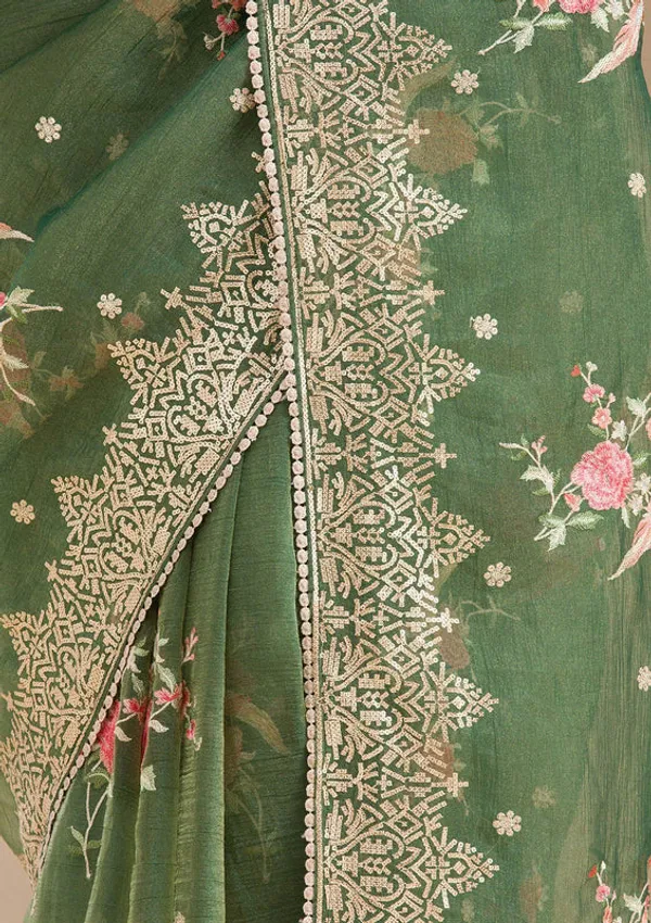 Bottle_Green_Tissue_Threadwork_Saree_With_Matching_Blouse_Piece