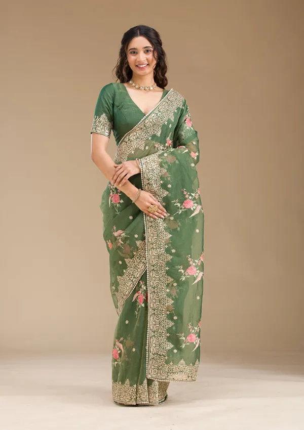 Bottle_Green_Tissue_Threadwork_Saree_With_Matching_Blouse_Piece
