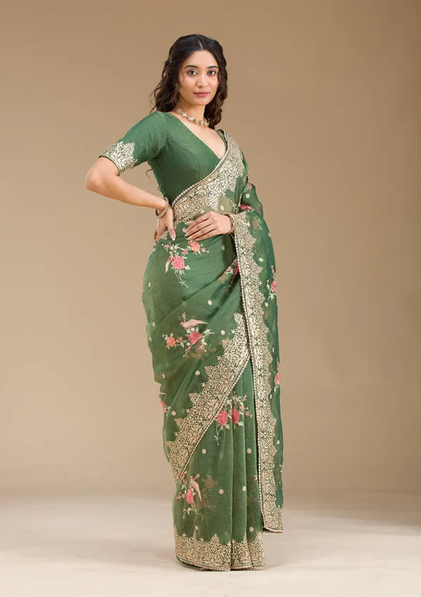 Bottle_Green_Tissue_Threadwork_Saree_With_Matching_Blouse_Piece