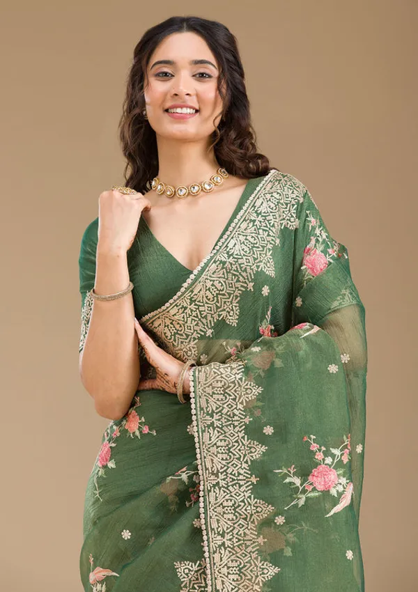 Bottle_Green_Tissue_Threadwork_Saree_With_Matching_Blouse_Piece
