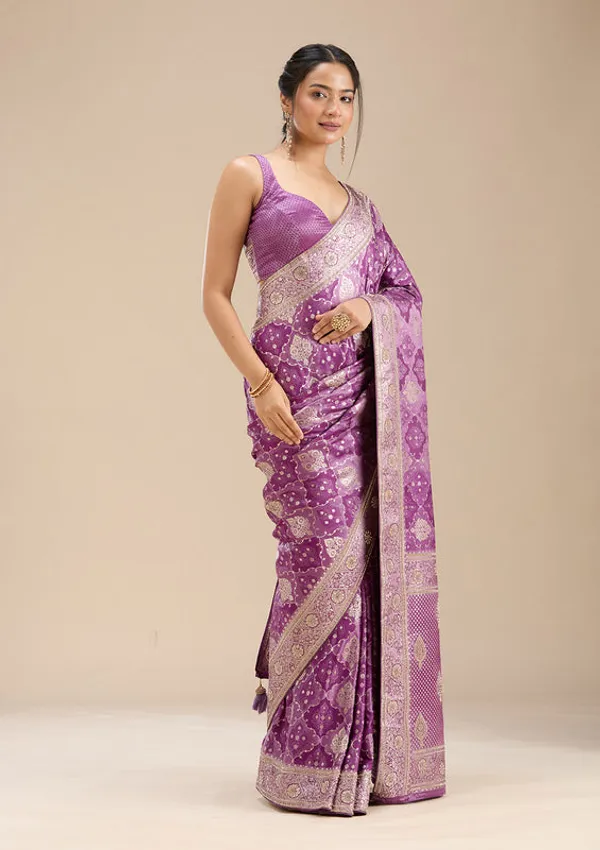 Purple_Silk_Jaal_Stonework_Saree_With_Matching_Blouse_Piece
