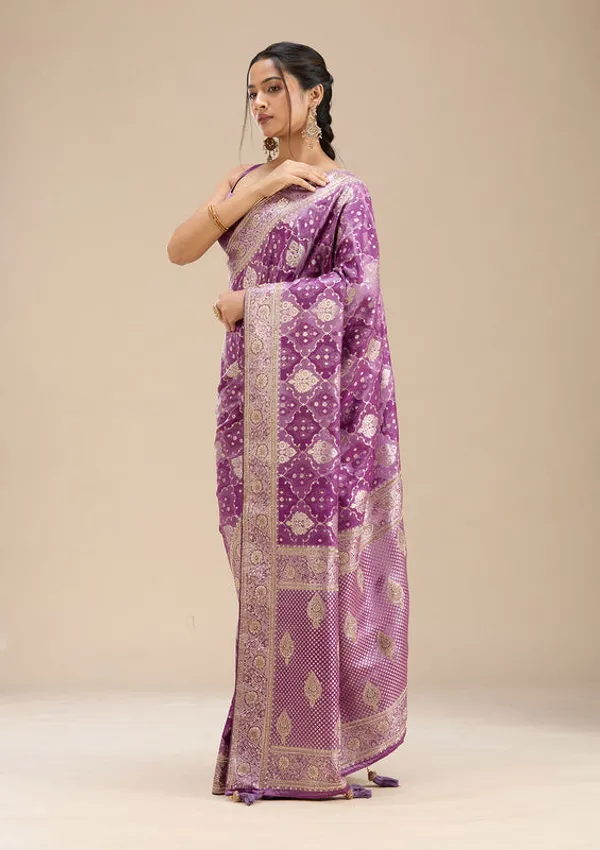 Purple_Silk_Jaal_Stonework_Saree_With_Matching_Blouse_Piece