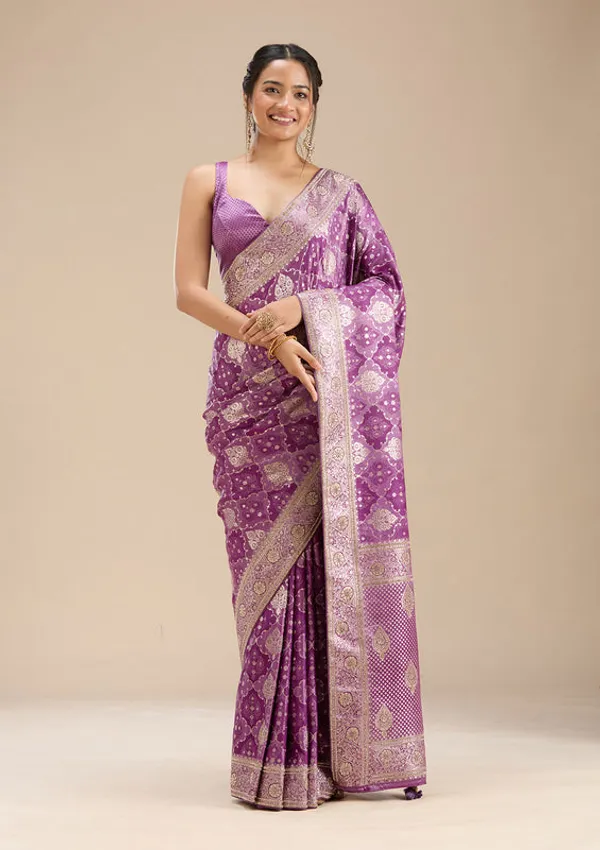 Purple_Silk_Jaal_Stonework_Saree_With_Matching_Blouse_Piece