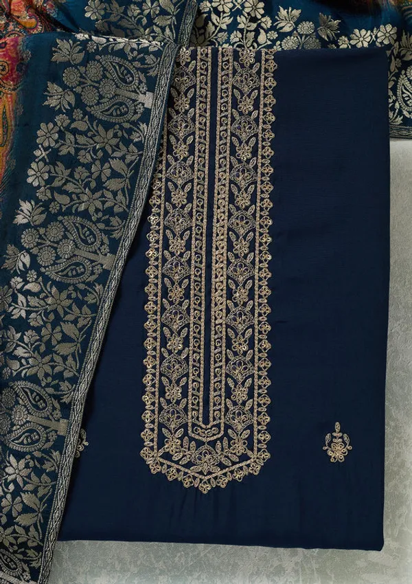 Navy_Blue_Dola_Silk_Threadwork_Unstitched_Dress_Material_With_Matching_Bottom_And_Dupatta