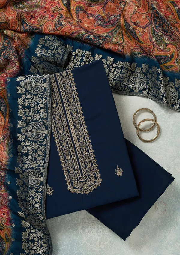 Navy_Blue_Dola_Silk_Threadwork_Unstitched_Dress_Material_With_Matching_Bottom_And_Dupatta