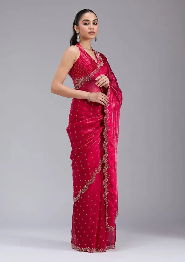 Rani_Pink_Tissue_Gold_Stonework_Saree_With_Matching_Blouse_Piece