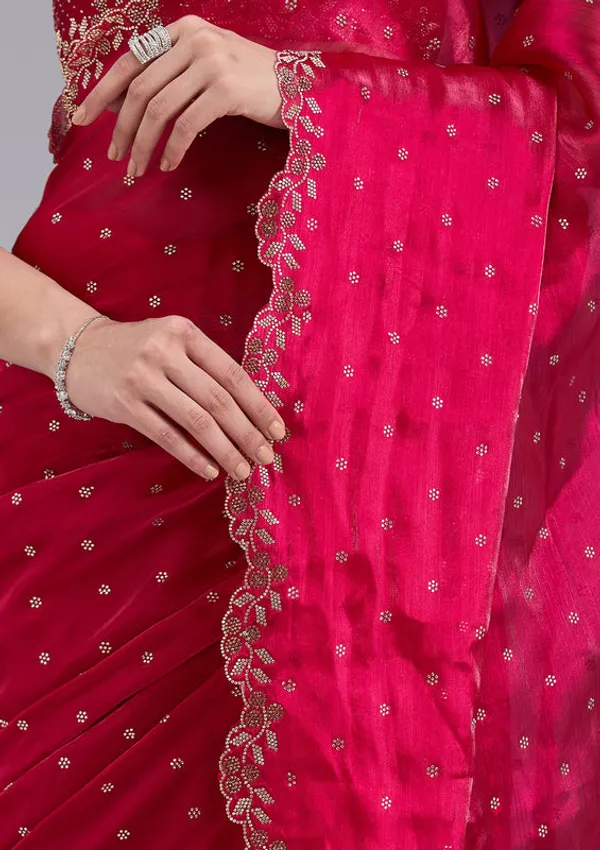 Rani_Pink_Tissue_Gold_Stonework_Saree_With_Matching_Blouse_Piece