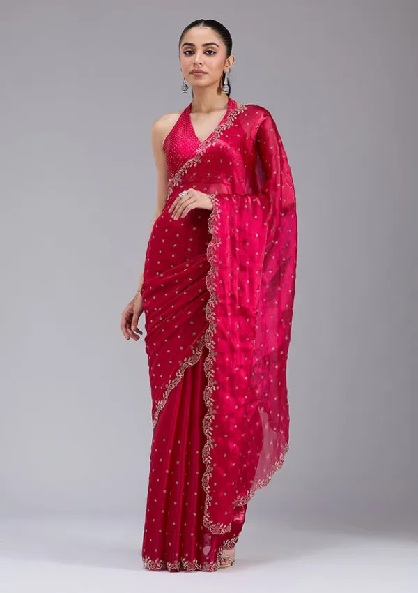 Rani_Pink_Tissue_Gold_Stonework_Saree_With_Matching_Blouse_Piece