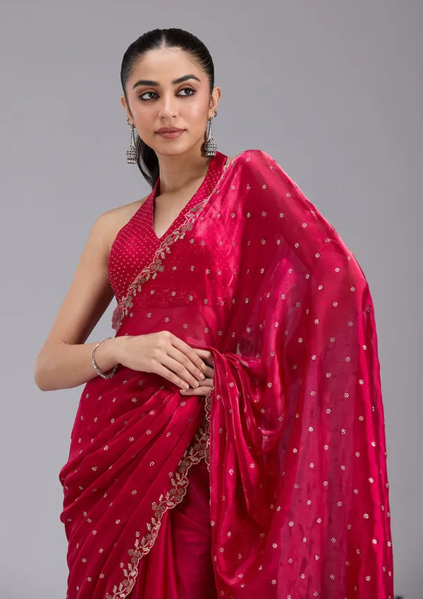Rani_Pink_Tissue_Gold_Stonework_Saree_With_Matching_Blouse_Piece