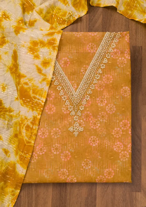 Mustard_Chanderi_Floral_Pearlwork_Unstitched_Dress_Material_With_Matching_Bottom_And_Dupatta