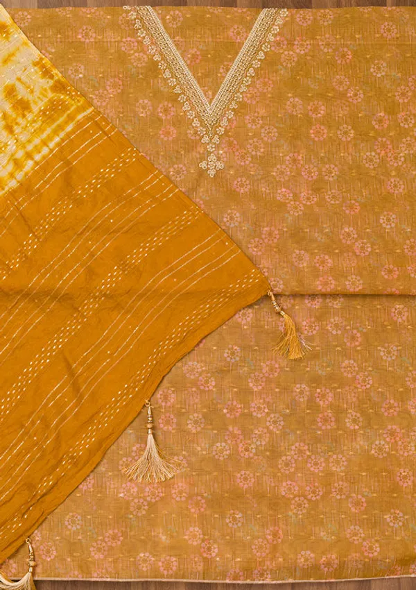 Mustard_Chanderi_Floral_Pearlwork_Unstitched_Dress_Material_With_Matching_Bottom_And_Dupatta