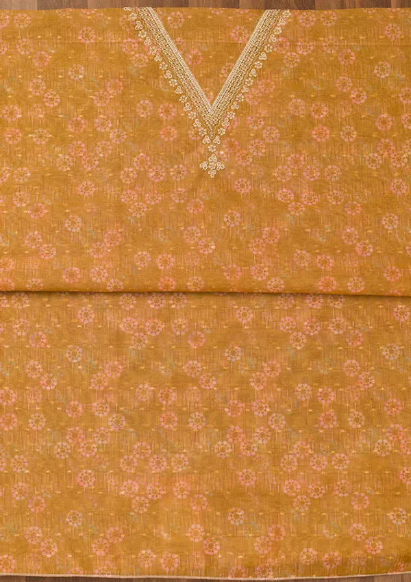 Mustard_Chanderi_Floral_Pearlwork_Unstitched_Dress_Material_With_Matching_Bottom_And_Dupatta