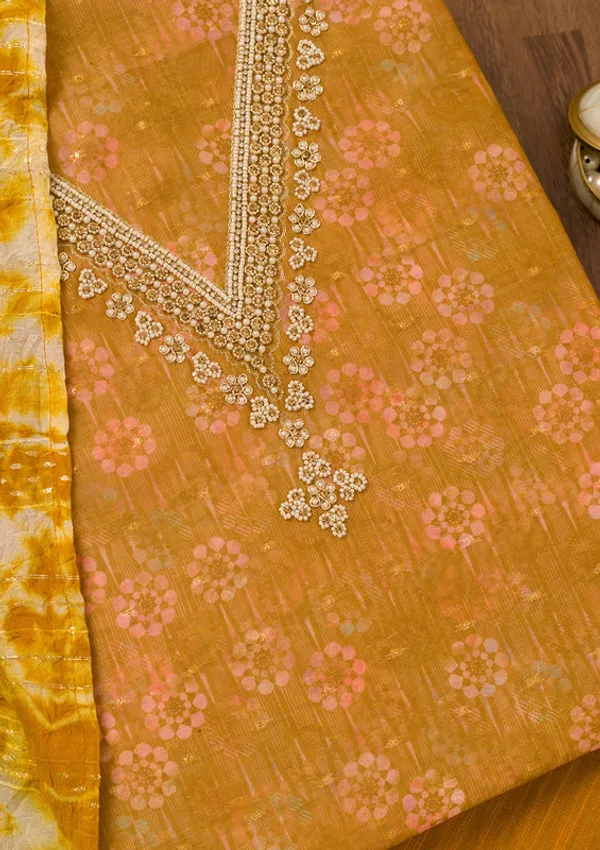 Mustard_Chanderi_Floral_Pearlwork_Unstitched_Dress_Material_With_Matching_Bottom_And_Dupatta