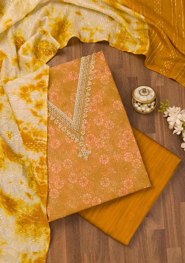 Mustard_Chanderi_Floral_Pearlwork_Unstitched_Dress_Material_With_Matching_Bottom_And_Dupatta