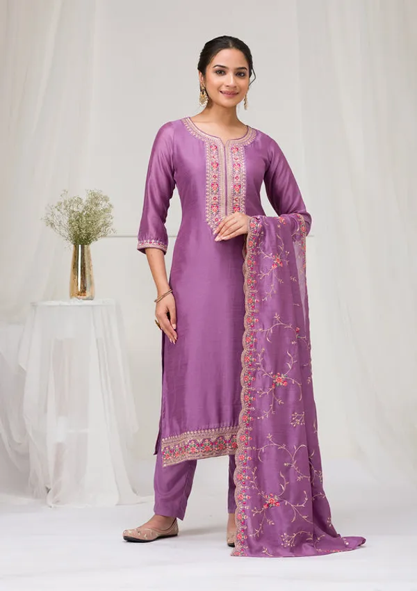Lavender_Soft_Raw_Silk_Threadwork_Straight_Kurta_With_Regular_Pant_And_Dupatta