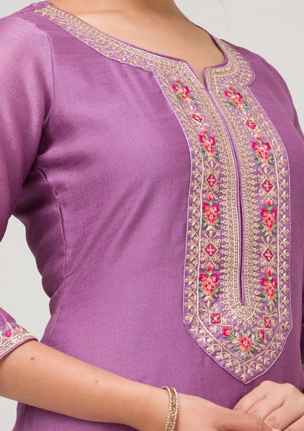 Lavender_Soft_Raw_Silk_Threadwork_Straight_Kurta_With_Regular_Pant_And_Dupatta